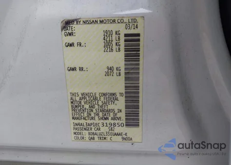 2014 Nissan Altima 2.5 Sv from USA, damaged, VIN 1N4AL3AP1EC319850